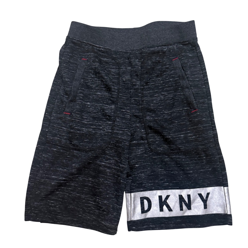 DKNY Space Dye Knit Athletic Sweat Shorts Black Silver Logo Boys Size M 10-12
